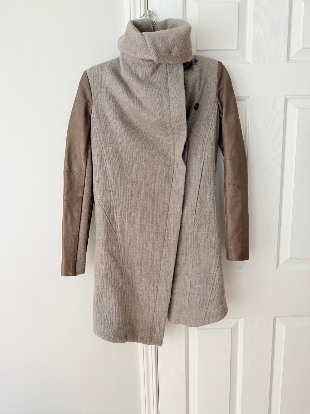 Helmut Lang Wool-Blend Asymmetrical Coat/Contrasting Leather, Size XS